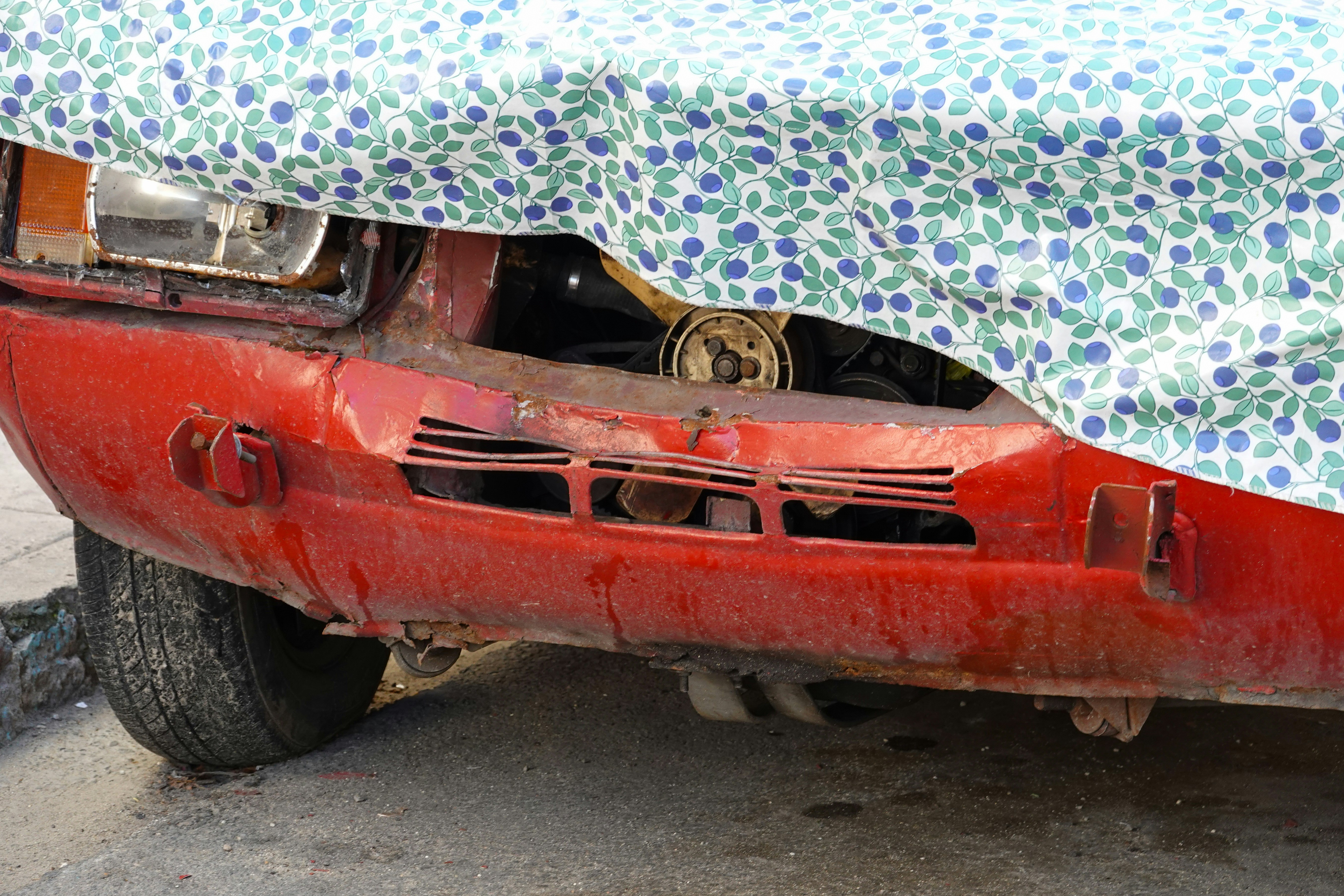 blue and white car cover